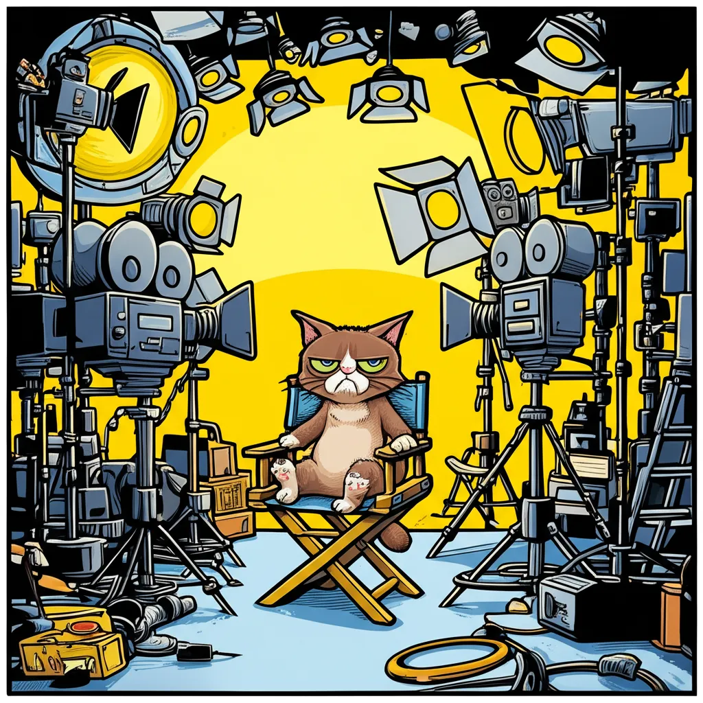 Cartoon illustration of a grumpy cat sitting in a director's chair on a Hollywood movie set surrounded by cameras and lights, looking thoroughly unimpressed