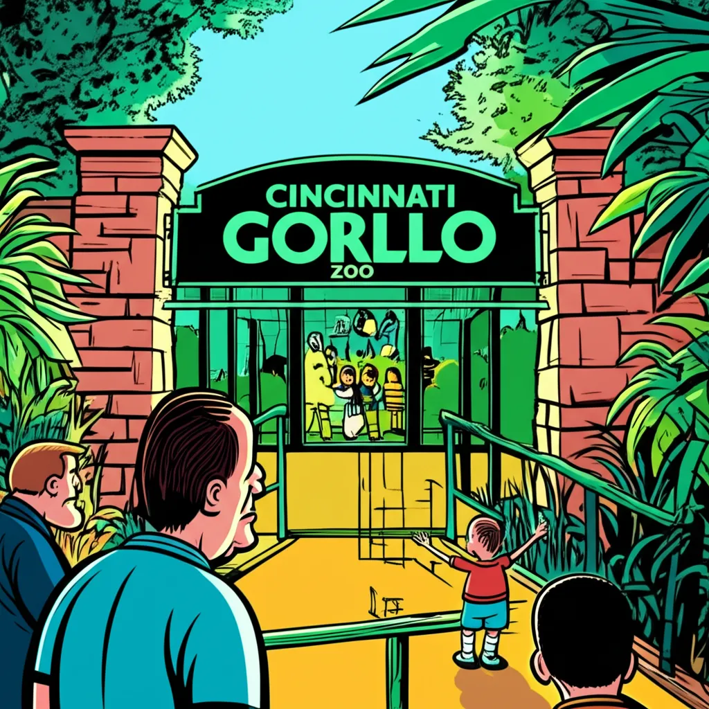 Cartoon illustration of the Cincinnati Zoo gorilla enclosure scene with visitors watching near a railing — depicting the fateful day of the Harambe incident
