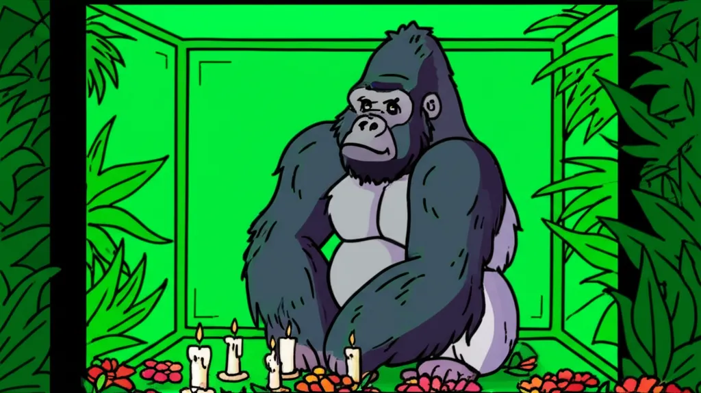 Cartoon illustration of Harambe the gorilla as a noble silverback with a golden halo and memorial flowers — the iconic internet meme figure