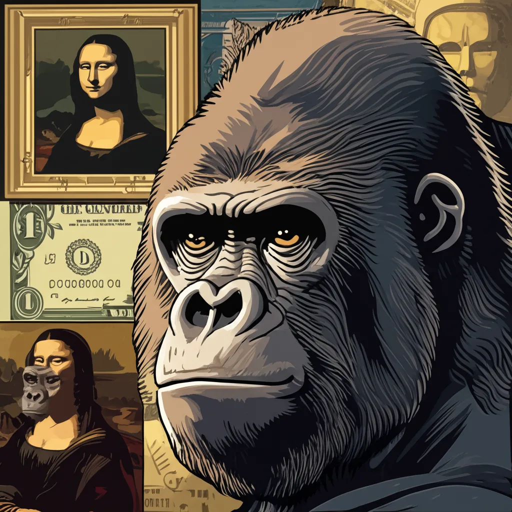 Cartoon illustration showing a gorilla face remixed into famous artworks and settings — Mona Lisa, Mount Rushmore, dollar bill — representing Harambe's meme culture takeover