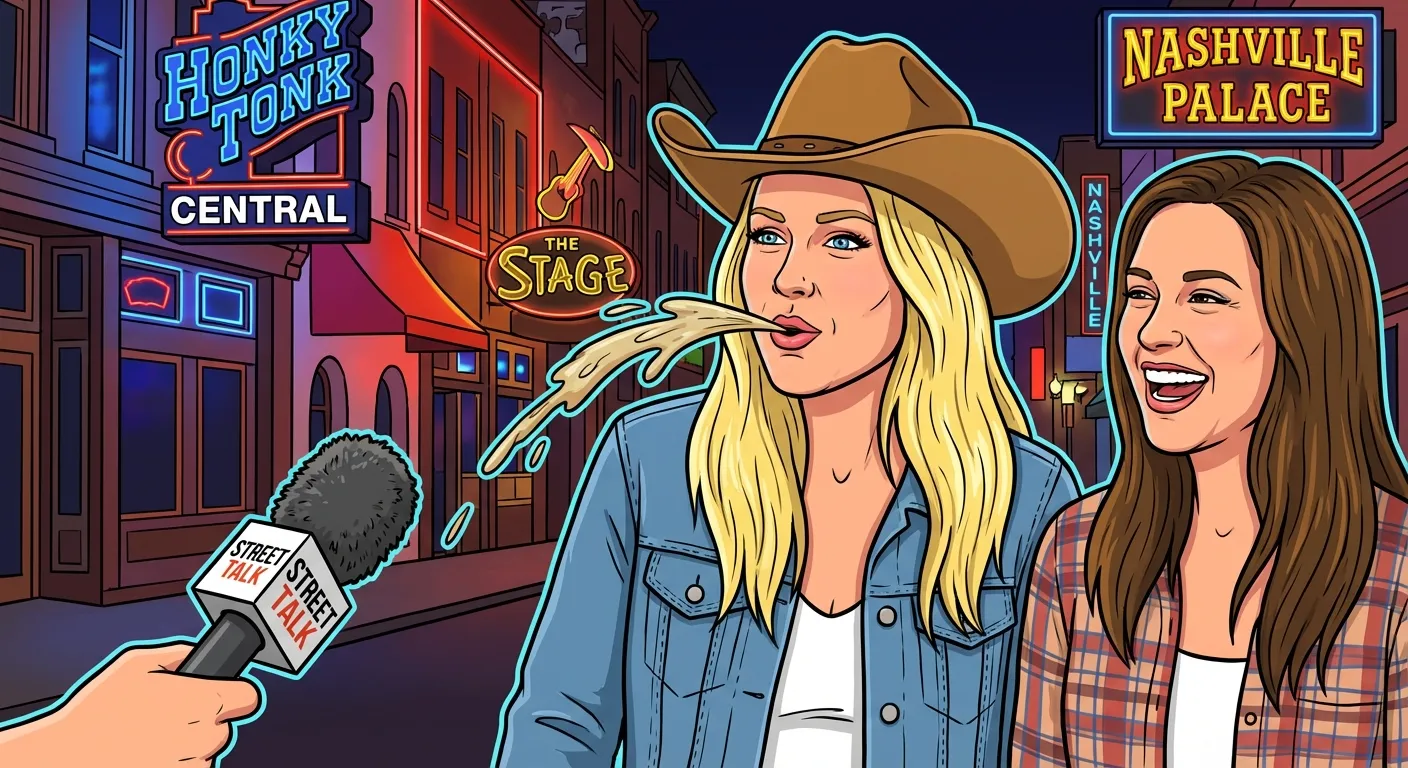 Cartoon illustration of the Hawk Tuah Girl — a confident blonde woman making the iconic spitting gesture during a Nashville street interview at night with neon bar signs glowing