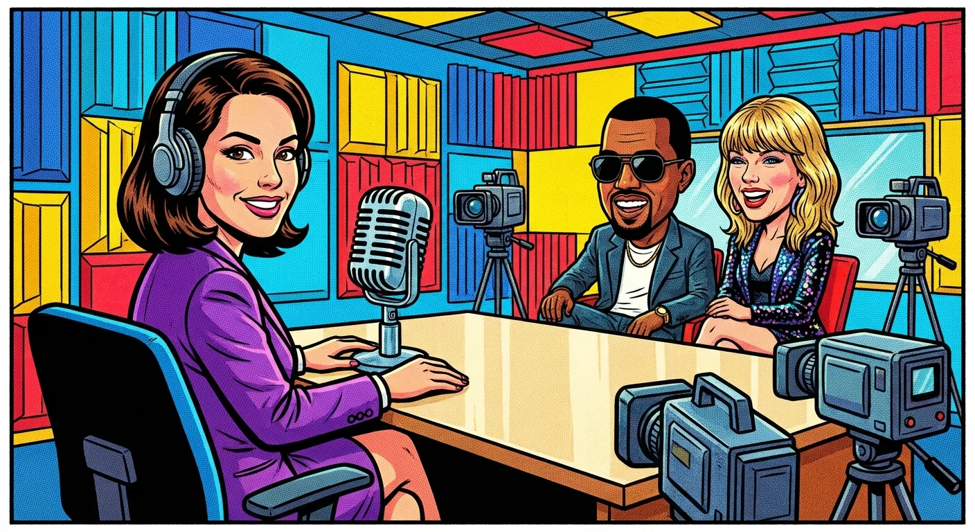 Cartoon illustration of a woman hosting a professional podcast in a colorful studio with celebrity guests across from her and cameras recording