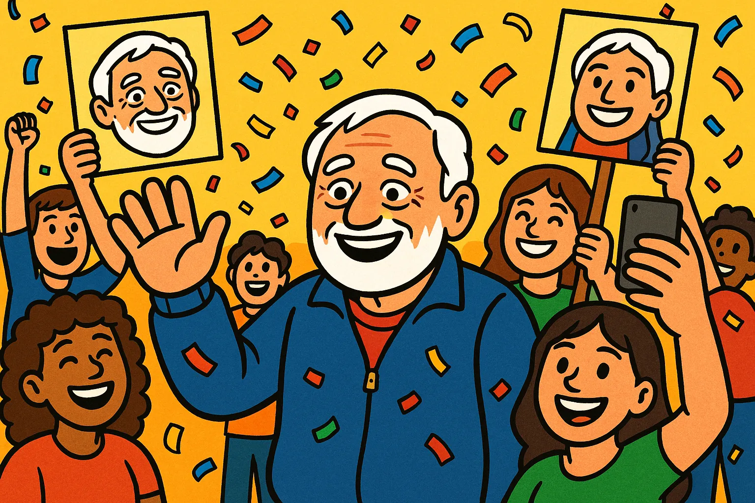 Cartoon of Harold happily waving to fans who hold signs with his face, embracing meme fame