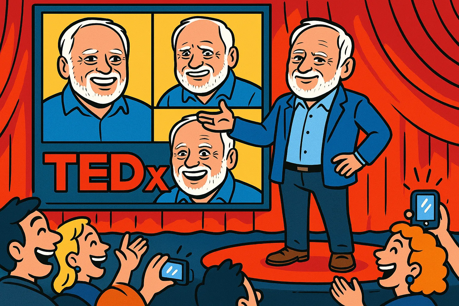Cartoon of an older man giving a TEDx talk about being a meme, with meme images on the screen behind him
