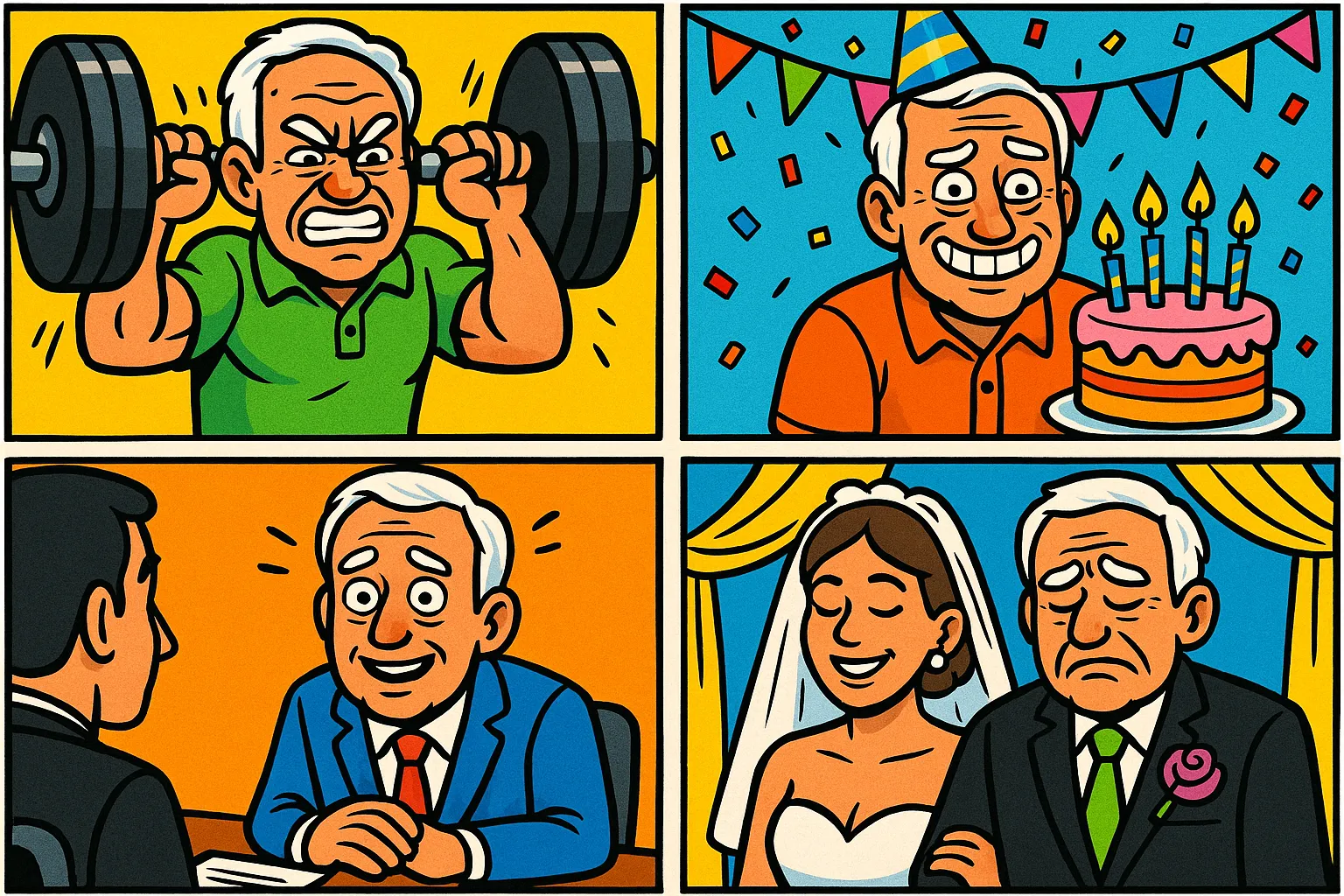 Cartoon collage of Harold in different meme scenarios - gym, birthday, job interview, and wedding