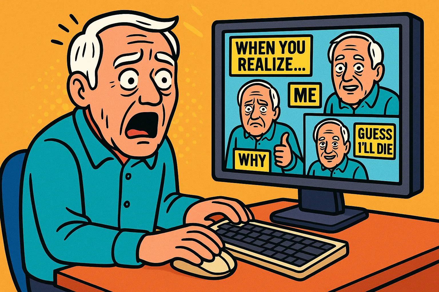 Cartoon of a man discovering his face has become a viral meme on a computer screen