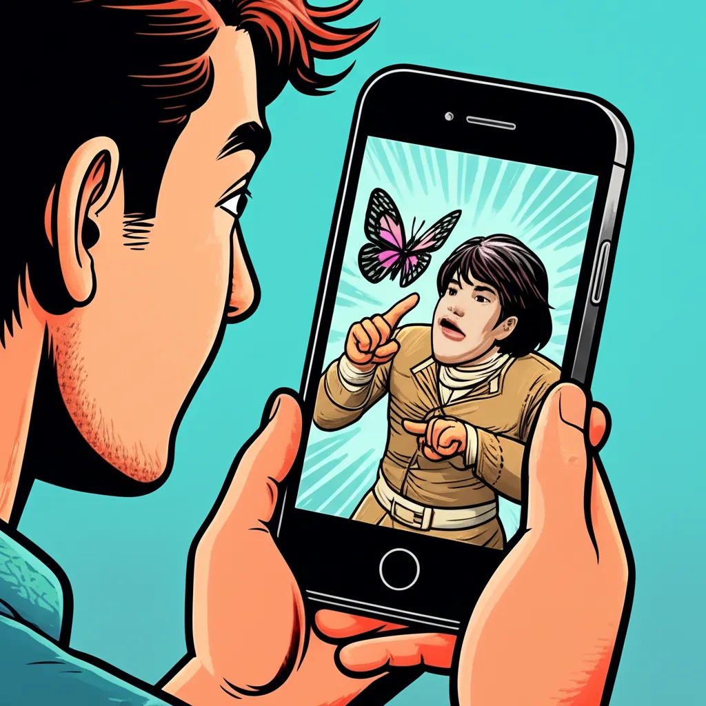 Cartoon illustration of a person using a phone app to face-swap themselves into the Is This a Pigeon anime meme, looking amused at the result