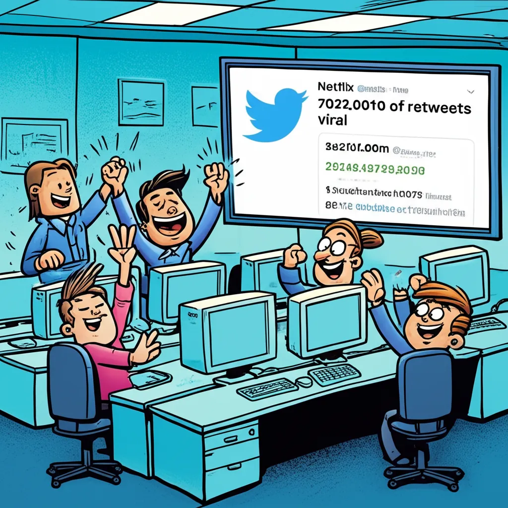 Cartoon illustration of a Netflix social media team celebrating in an office as their Is This a Pigeon tweet goes viral on a big screen showing thousands of retweets