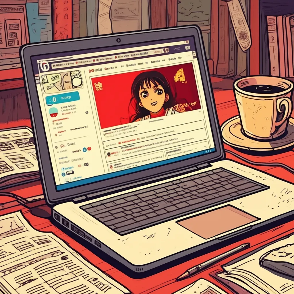 Cartoon illustration of a laptop showing a Tumblr blog post going viral with thousands of notes, sitting on a messy desk with coffee, capturing the 2011 internet aesthetic