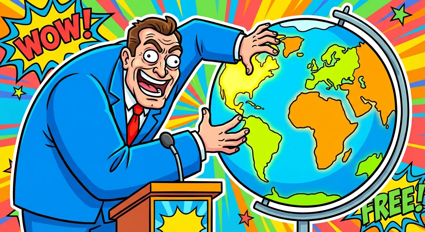 Cartoon illustration of a man in a suit pointing enthusiastically at a world map with territories highlighted, capturing the geopolitical humor of the free real estate meme