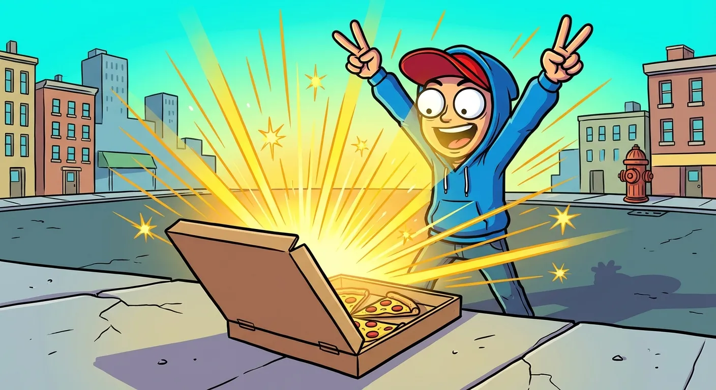 Cartoon illustration of someone finding a free pizza box on the sidewalk with excited eyes and golden light rays, representing modern usage of the free real estate meme