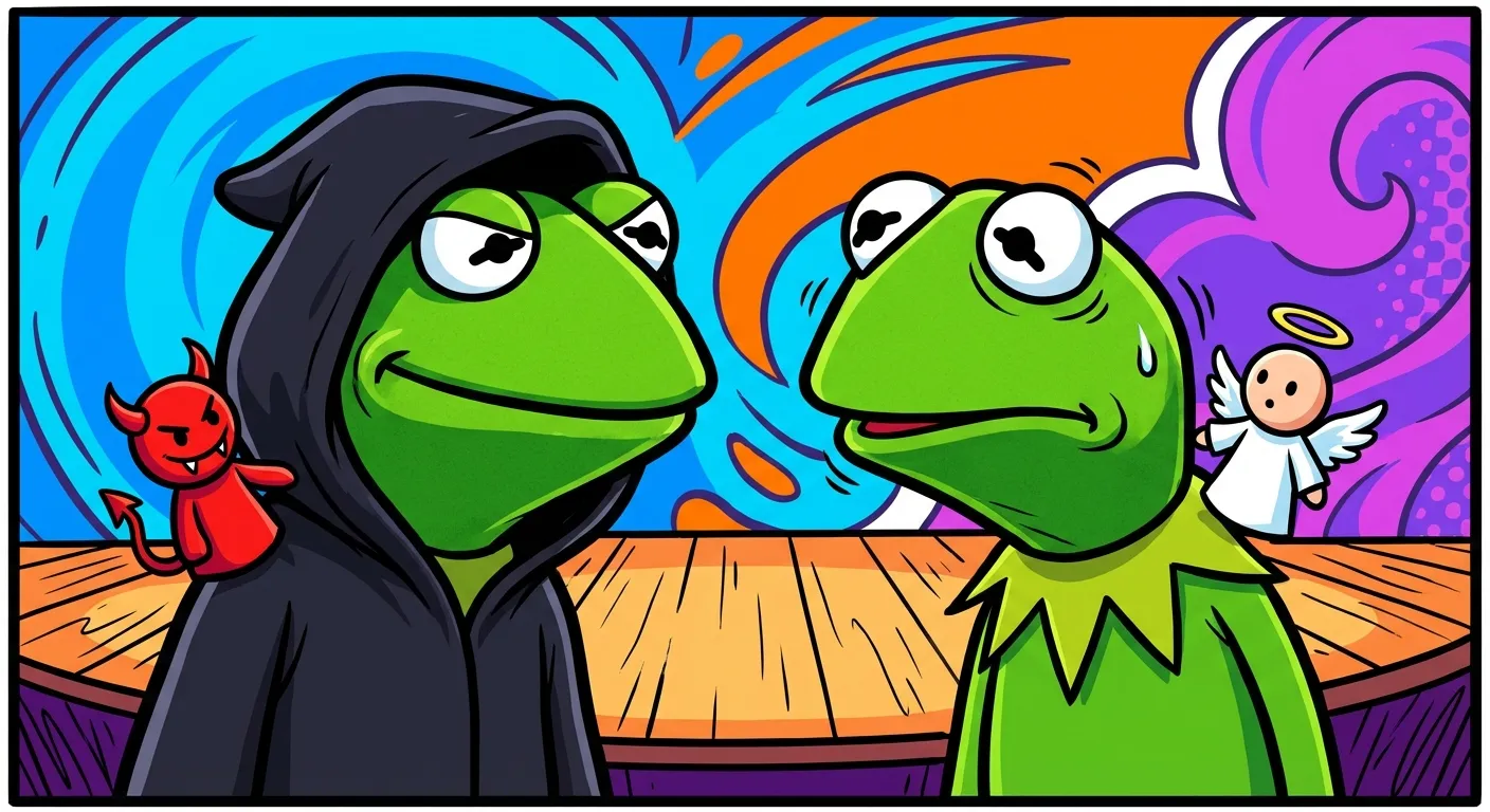 Cartoon illustration of two Kermit the Frogs facing each other, one wearing a dark hooded cloak representing the Evil Kermit inner voice meme