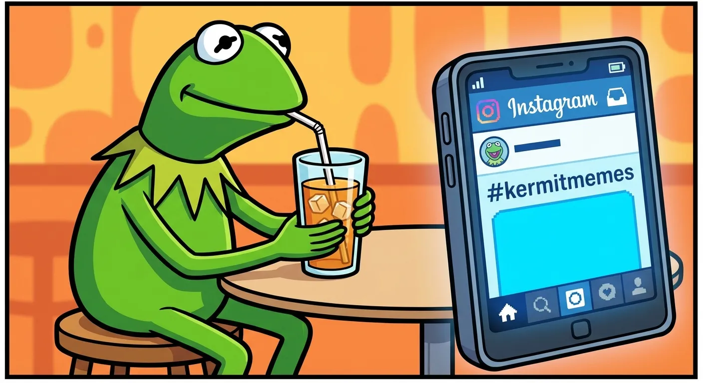 Cartoon illustration of Kermit the Frog sitting at a table drinking iced tea next to a smartphone showing Instagram, representing the meme's 2014 Instagram origins