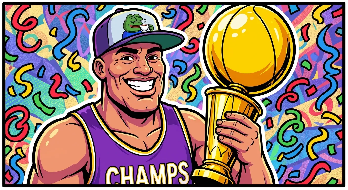 Cartoon illustration of a basketball champion wearing a Kermit tea-sipping cap and holding a golden championship trophy, representing LeBron James using the meme in 2016