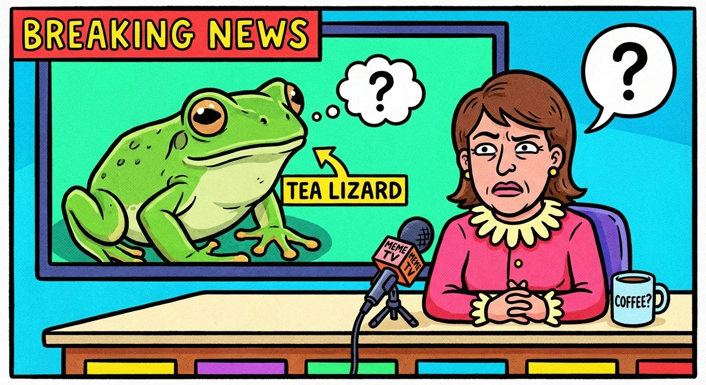 Cartoon illustration of a news anchor at a desk with Kermit on screen misidentified as a tea lizard, representing the 2016 Good Morning America gaffe