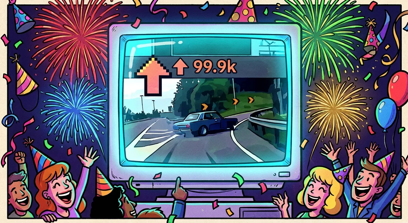 Cartoon illustration of a glowing computer screen showing a viral Reddit post with thousands of upvotes surrounded by New Year's Eve fireworks