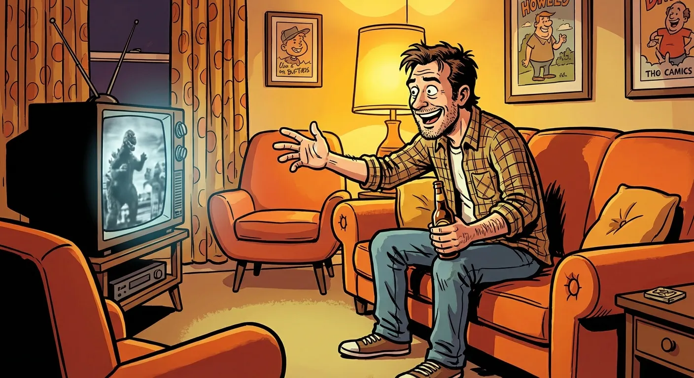 Cartoon illustration of a man on a retro couch pointing excitedly at an old television set in a 1960s Hollywood living room