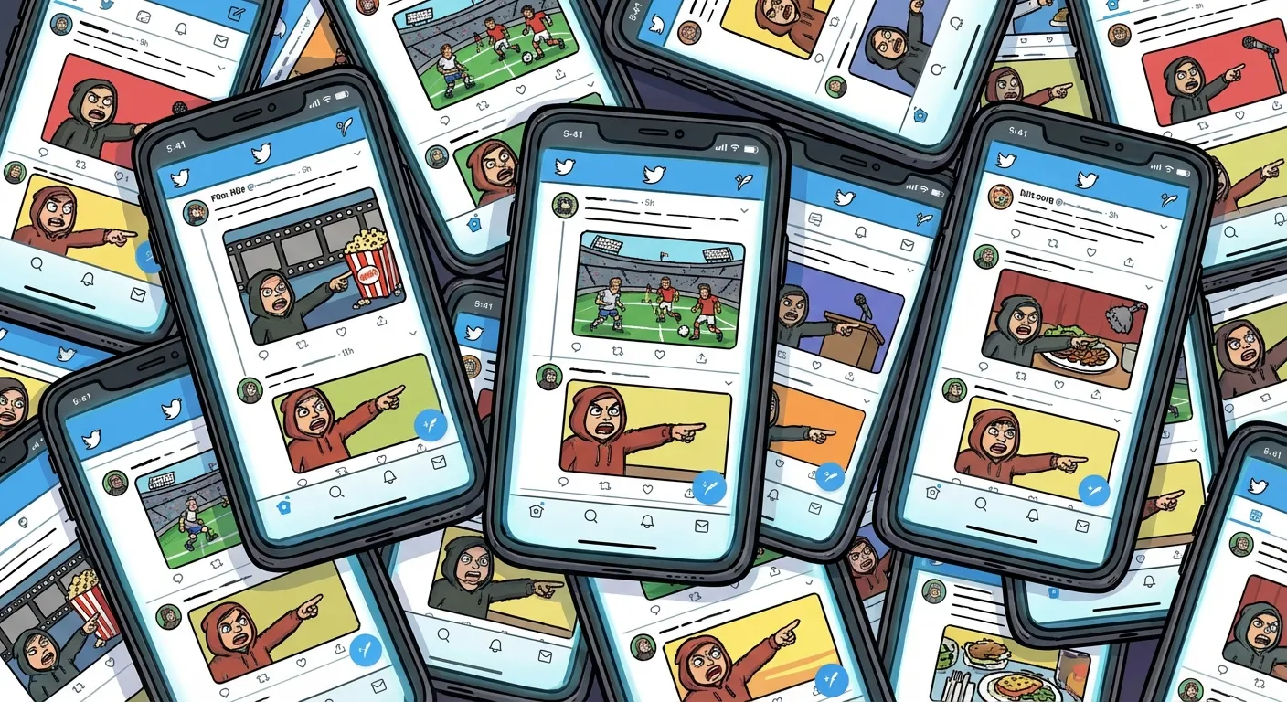 Cartoon illustration of overlapping phone screens showing the Leo pointing meme used in dozens of different contexts across social media