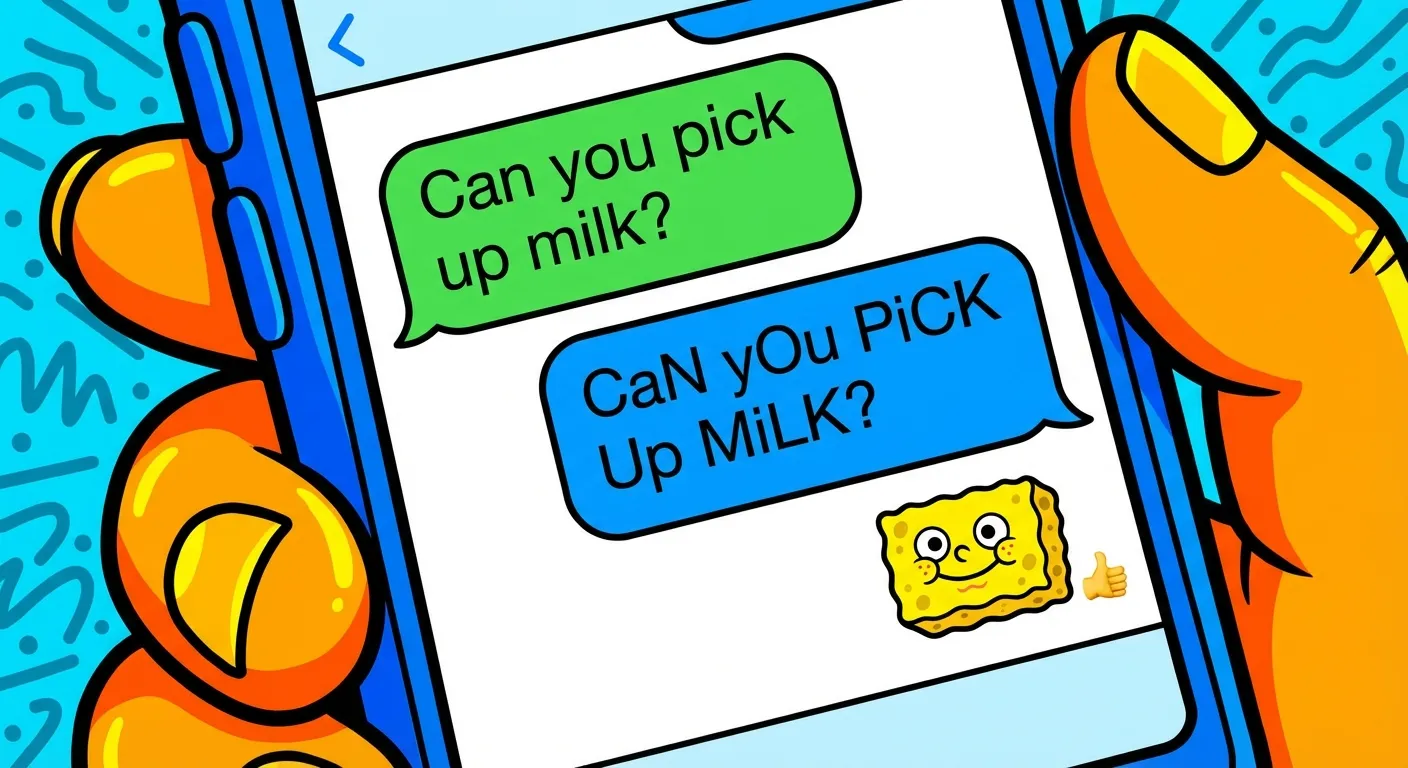 Cartoon illustration of a smartphone showing the alternating caps text format that Mocking SpongeBob popularized — normal text vs sarcastic mocking text