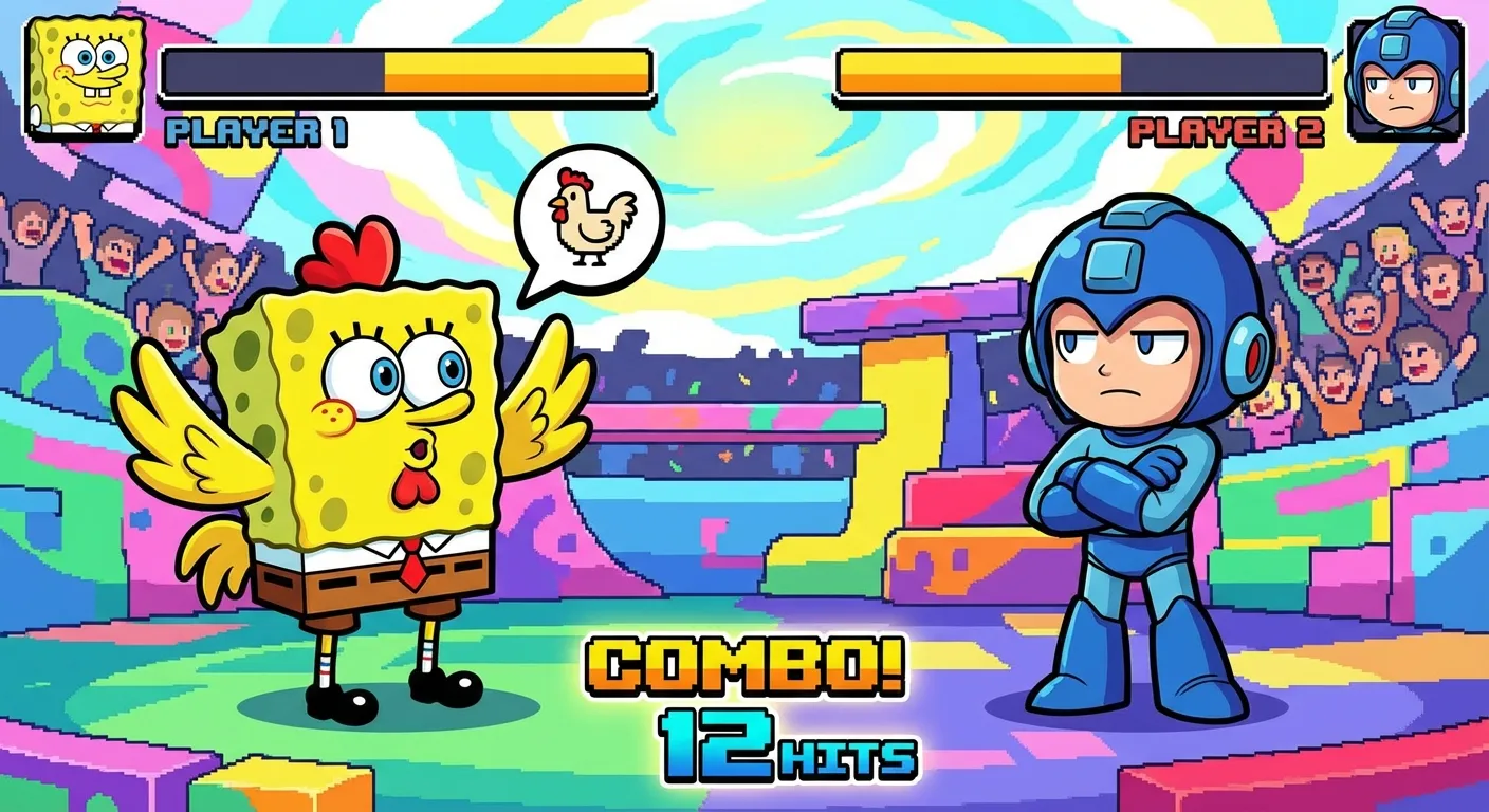 Cartoon illustration of Mocking SpongeBob as a taunt animation in a fighting video game, with health bars and arena background