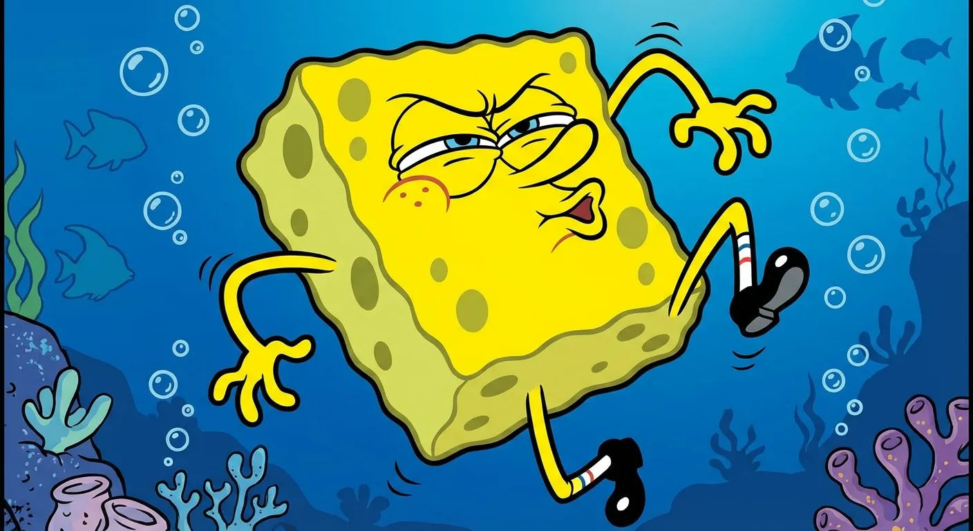 Mocking SpongeBob — the iconic chicken pose from the SpongeBob SquarePants episode Little Yellow Book that became the internet's universal sarcasm indicator