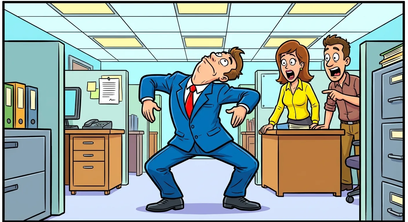 Cartoon illustration of the Human Mocking SpongeBob — a man in a business suit doing the chicken pose in an office while coworkers watch