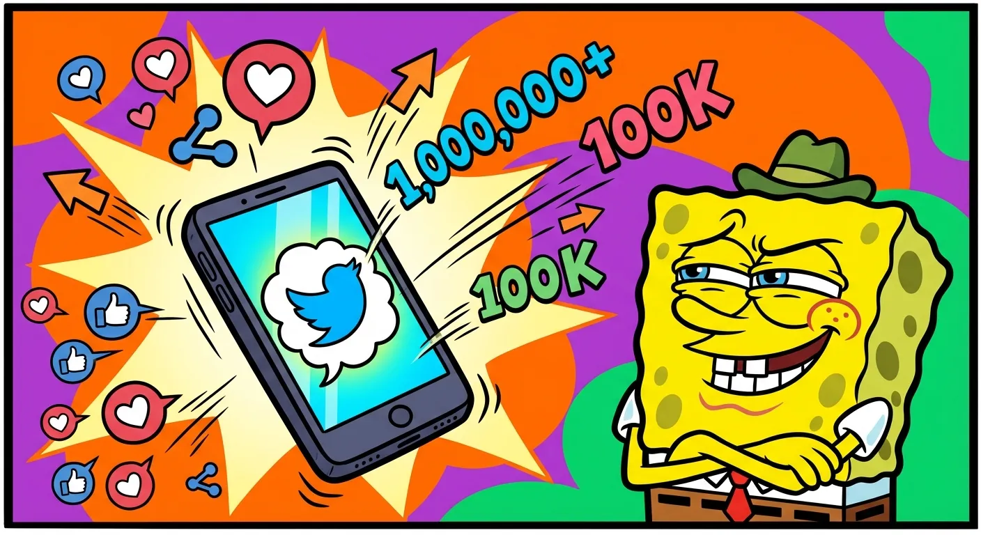 Cartoon illustration of the Mocking SpongeBob meme going viral on Twitter in May 2017 with retweet and like counts exploding
