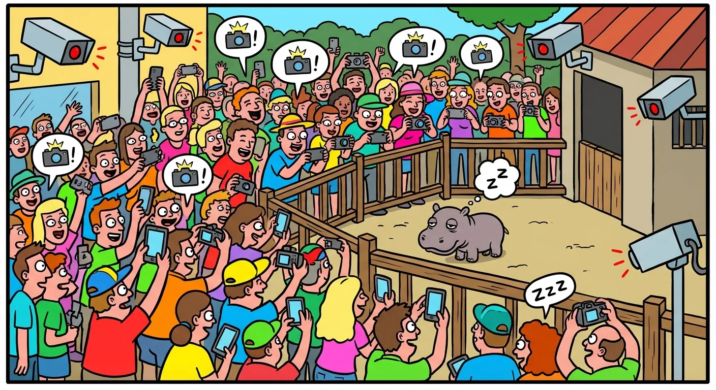 Cartoon illustration of a massive crowd of tourists holding phones, all pointed at a tiny sleepy baby hippo behind a fence, with security cameras mounted everywhere