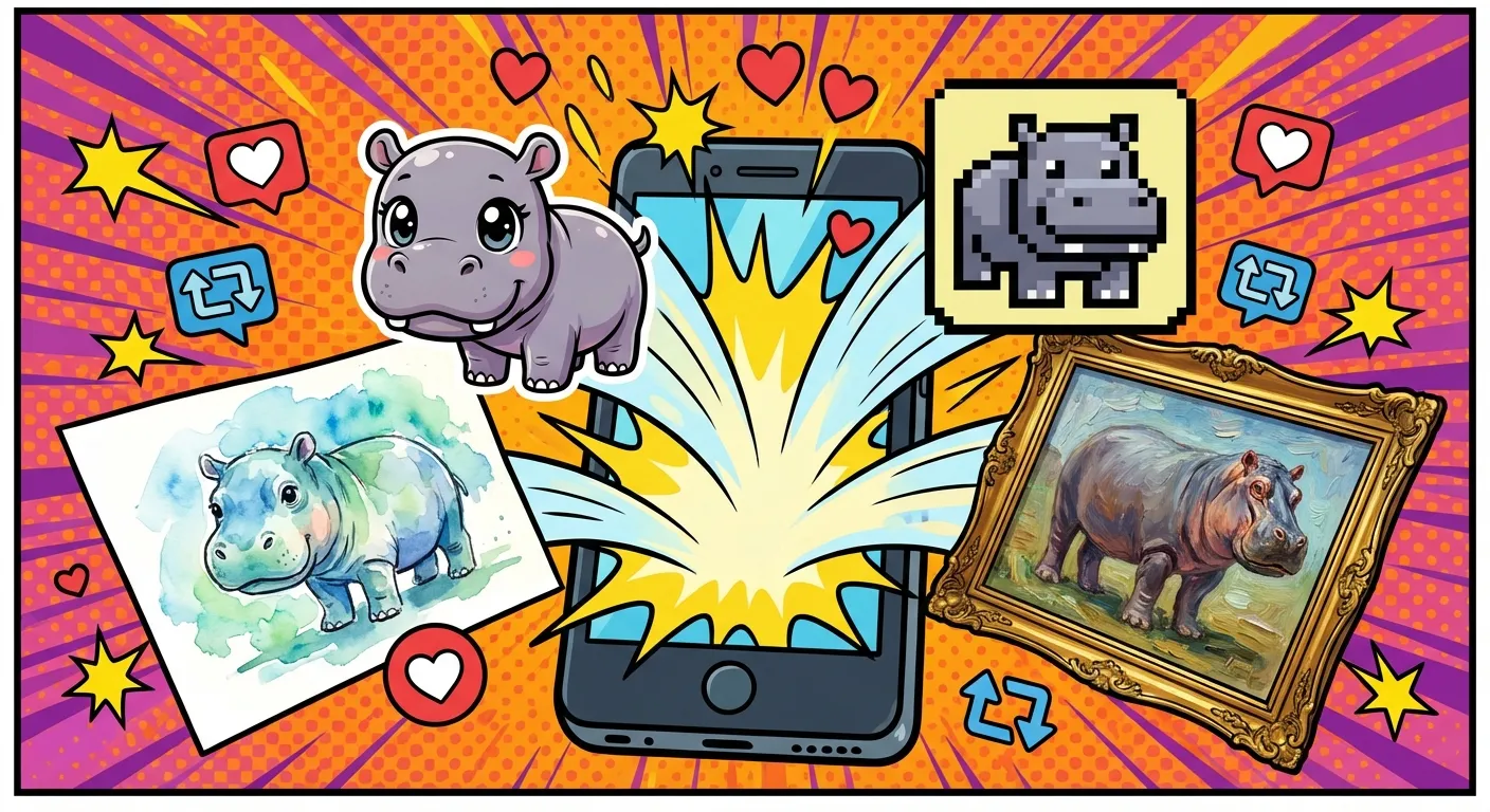 Cartoon illustration of an explosion of colorful fan art pieces flying out of a phone — drawings of a cute baby hippo in anime, watercolor, pixel art, and oil painting styles with social media hearts floating around
