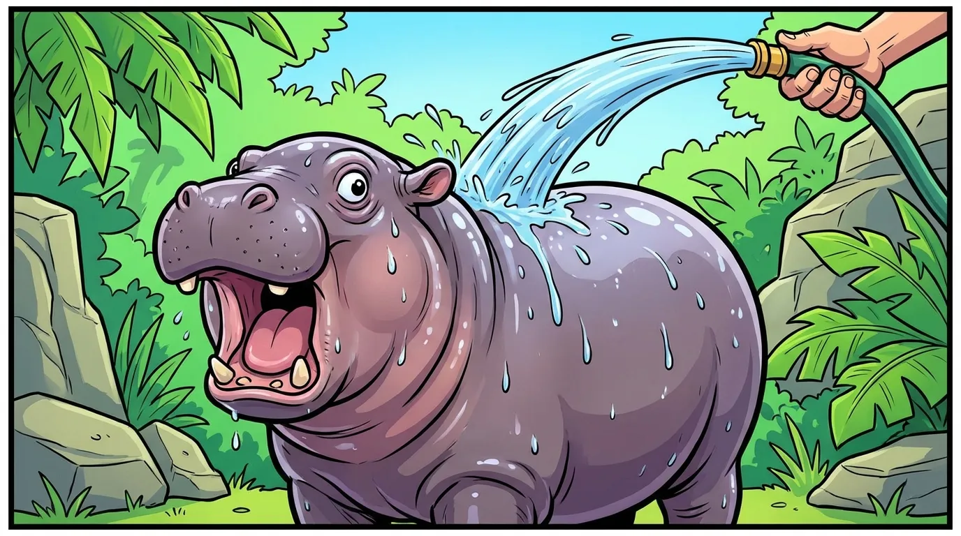 Cartoon illustration of Moo Deng the baby pygmy hippo being sprayed with water, mouth wide open in dramatic shock, at a lush green zoo