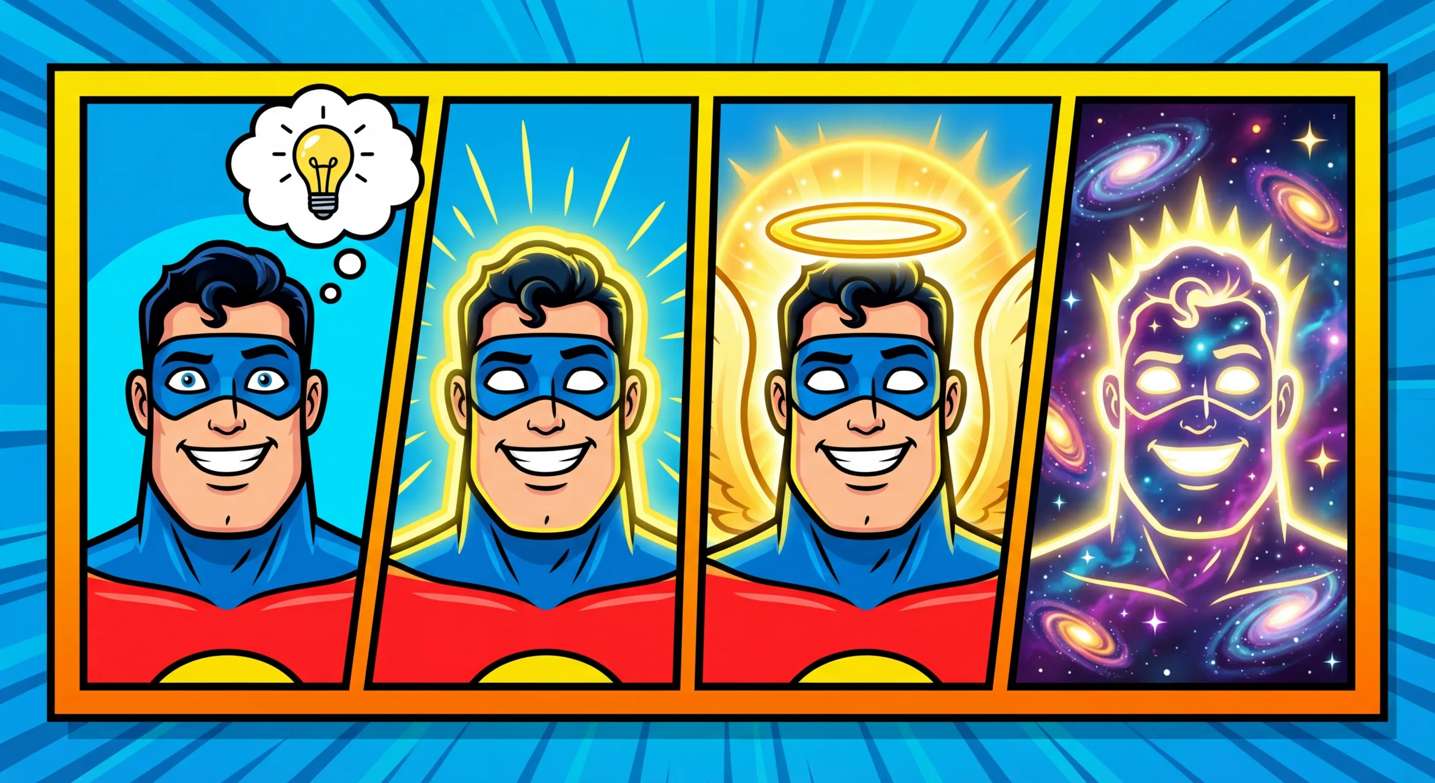 Cartoon illustration of the Mr. Incredible Becoming Ascended meme progression — superhero face becoming increasingly radiant and godlike with cosmic and golden aura