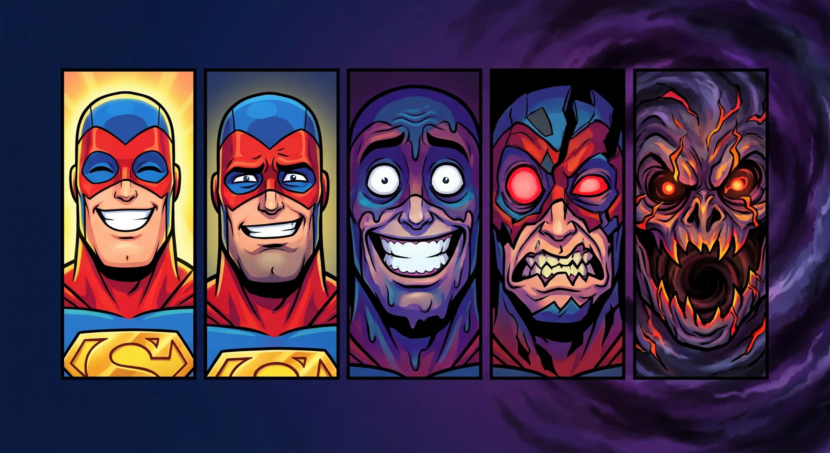 Cartoon illustration of the Mr. Incredible Becoming Uncanny meme showing a superhero face progressing from happy to increasingly disturbing and uncanny