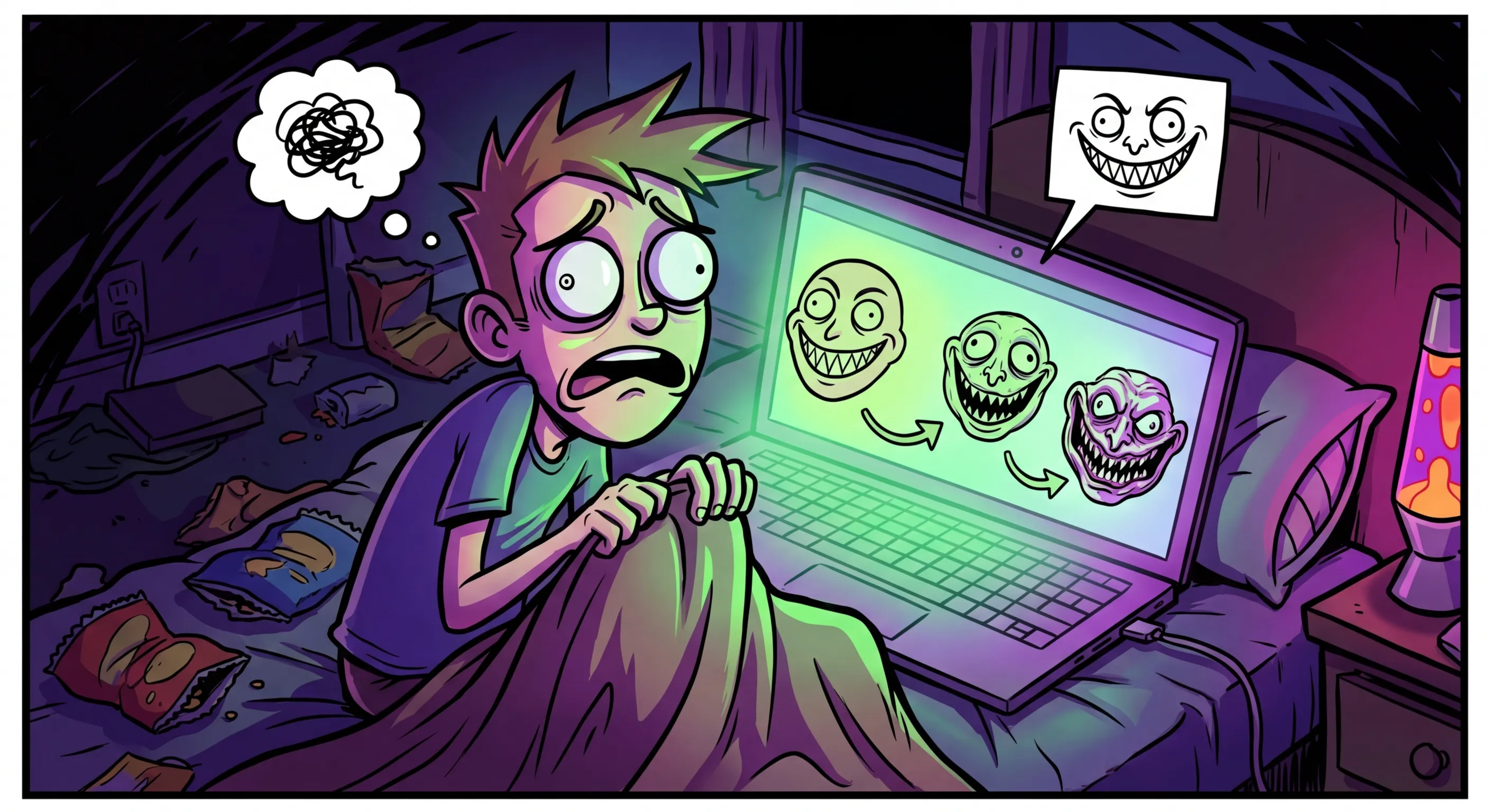 Cartoon illustration of someone watching Mr. Incredible Becoming Uncanny on YouTube late at night, screen glowing ominously in a dark room