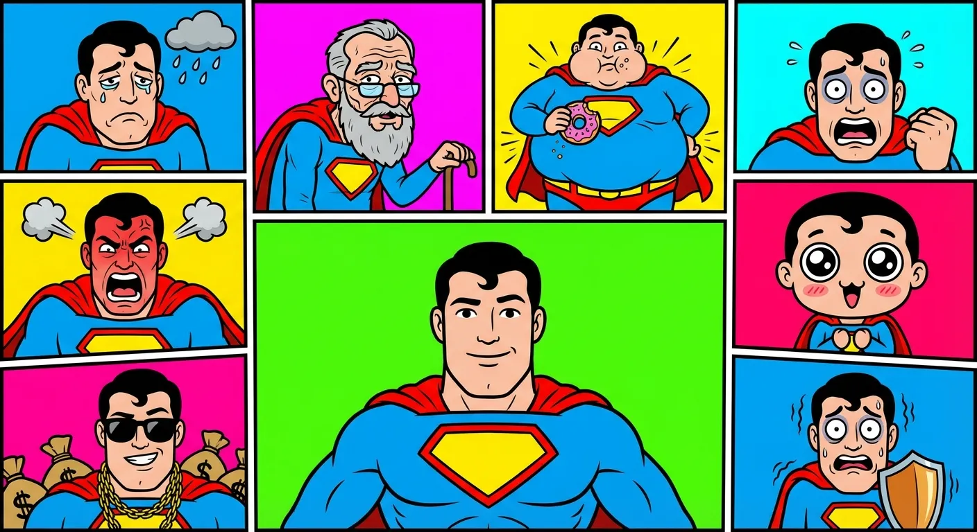 Cartoon illustration showing a grid of different emotional variants of a superhero character — sad, old, angry, cute, scared, rich, goofy, and more