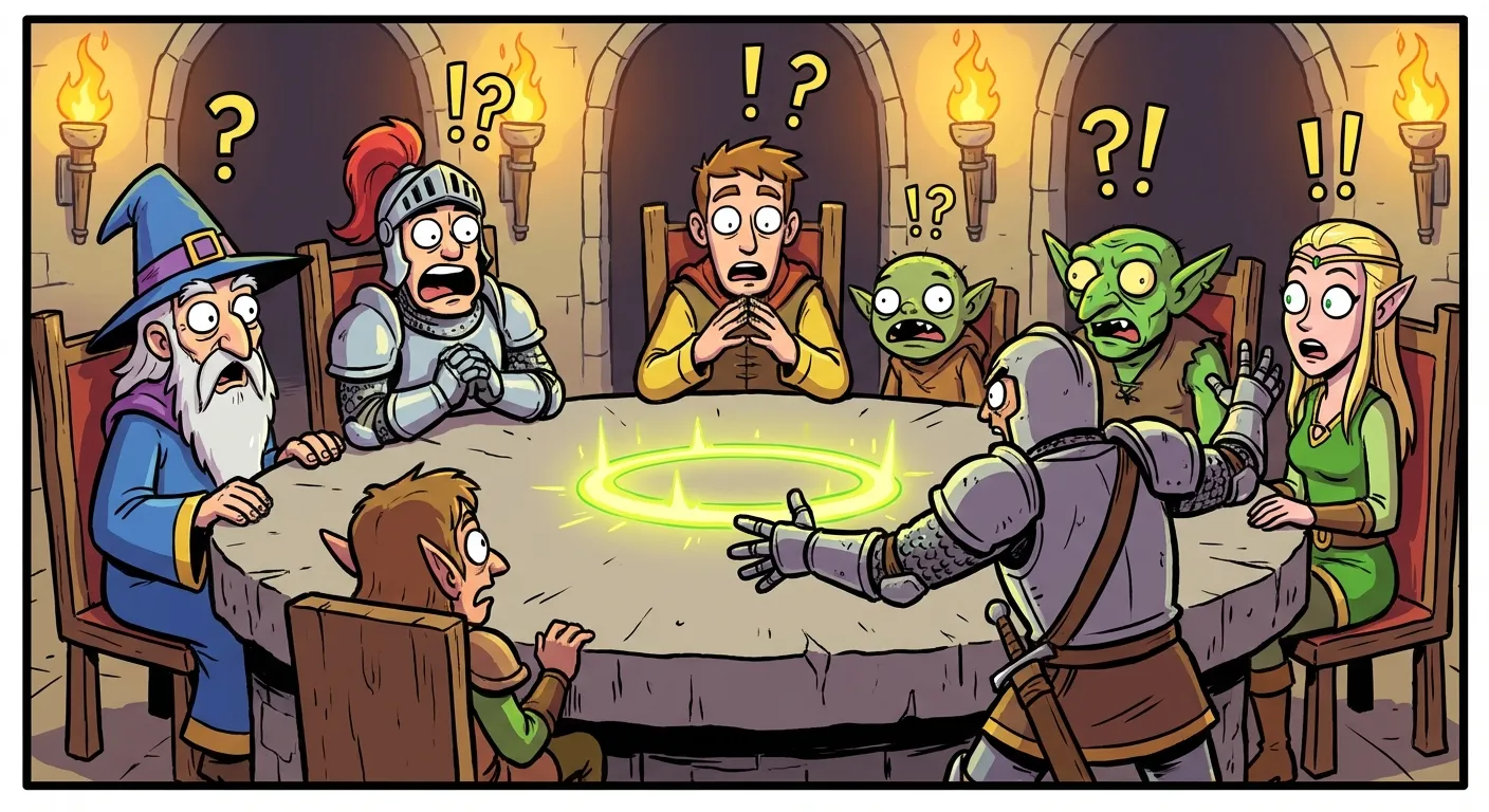 Cartoon illustration of the Council of Elrond scene where Boromir delivers his famous One Does Not Simply speech while other council members look shocked