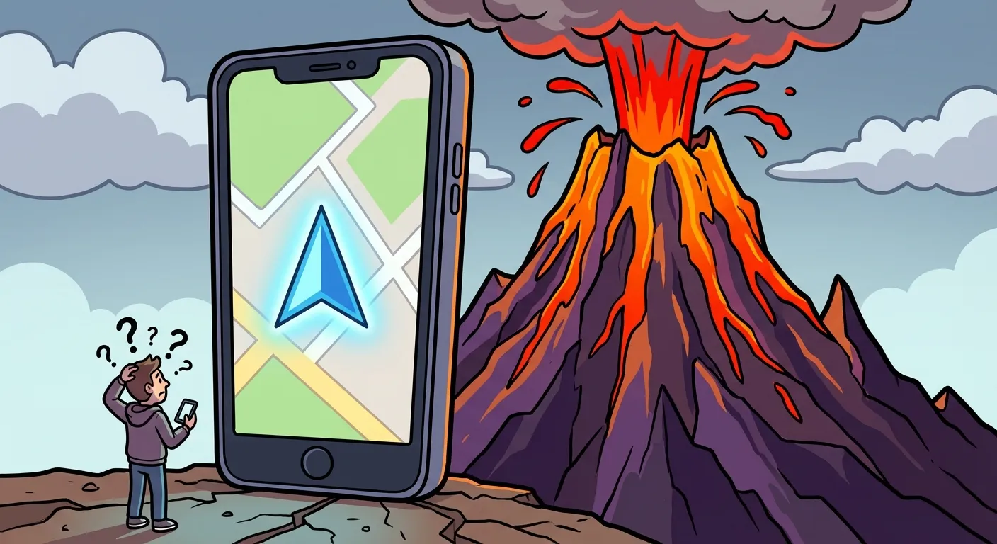 Cartoon illustration of a smartphone showing GPS walking directions to a dark volcanic mountain with a warning about walking into Mordor