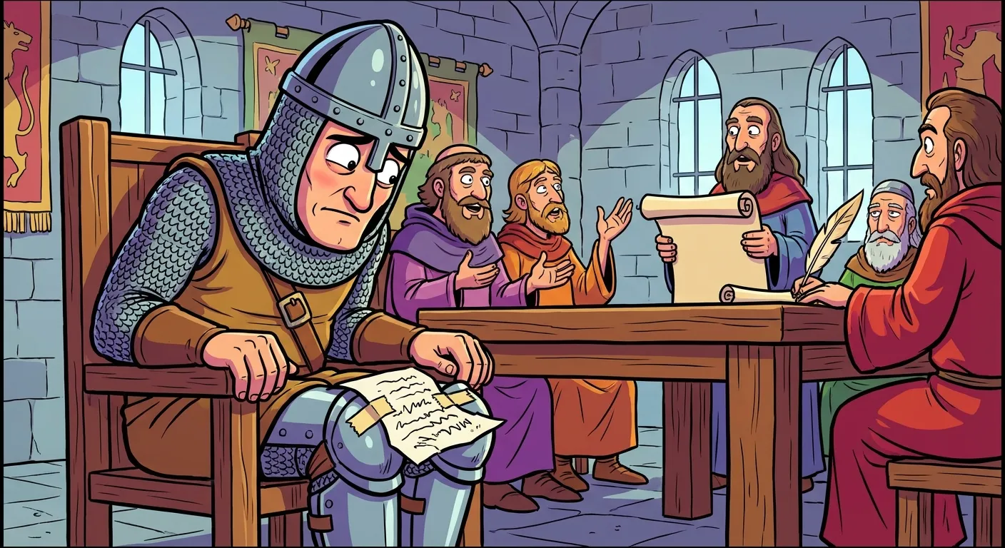 Cartoon illustration of Sean Bean as Boromir secretly reading his script lines taped to his knee during the Council of Elrond scene