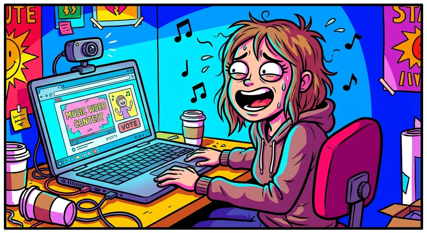 Cartoon illustration of a young woman recording an intense webcam video, singing passionately with wide eyes, laptop showing a music contest page
