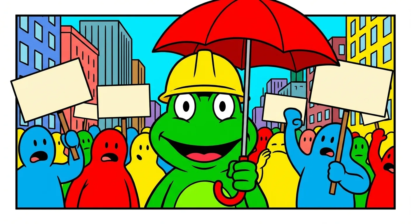 Cartoon illustration of Pepe the Frog wearing a yellow hard hat and holding an umbrella surrounded by protest signs and crowds, representing the 2019 Hong Kong democracy protests