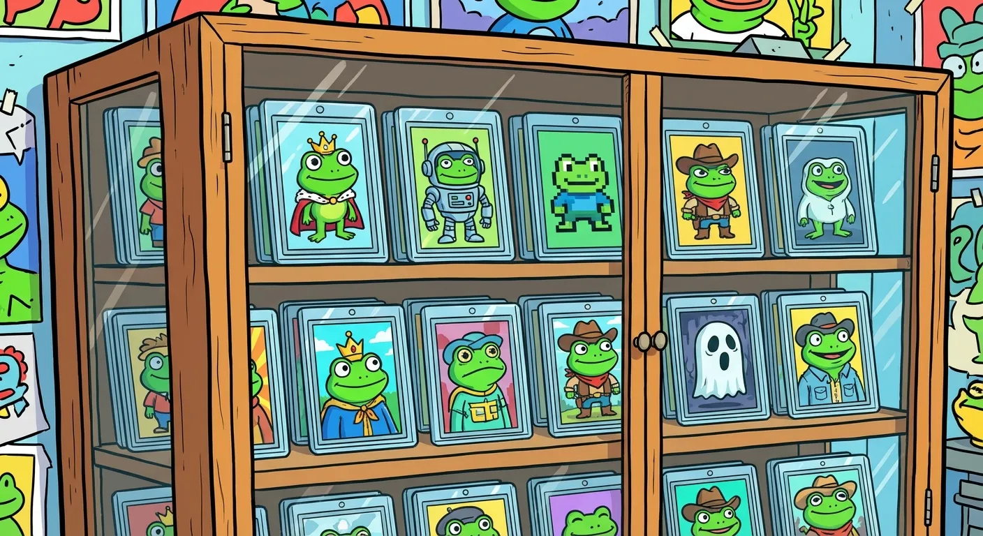 Cartoon illustration of a collector's display case filled with different versions of Pepe the Frog in various costumes and styles, representing the Rare Pepe trading phenomenon