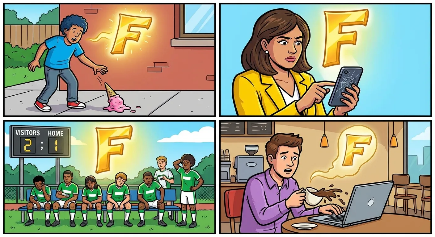 Cartoon illustration of people in everyday situations like dropping ice cream, cracking a phone, and losing a sports game, with a ghostly golden letter F appearing above each scene