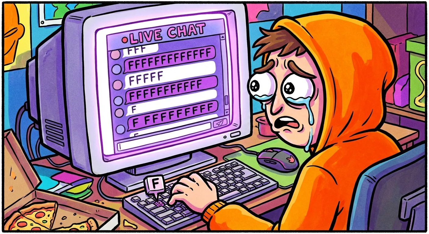 Cartoon illustration of a Twitch chat window flooding with hundreds of F messages in purple and white, with a viewer crying dramatic tears while typing F on their keyboard