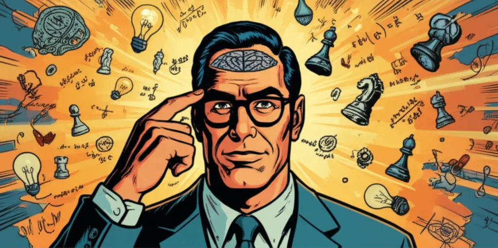 Cartoon illustration of a man tapping his temple with a glowing brain, surrounded by equations and chess pieces representing false genius