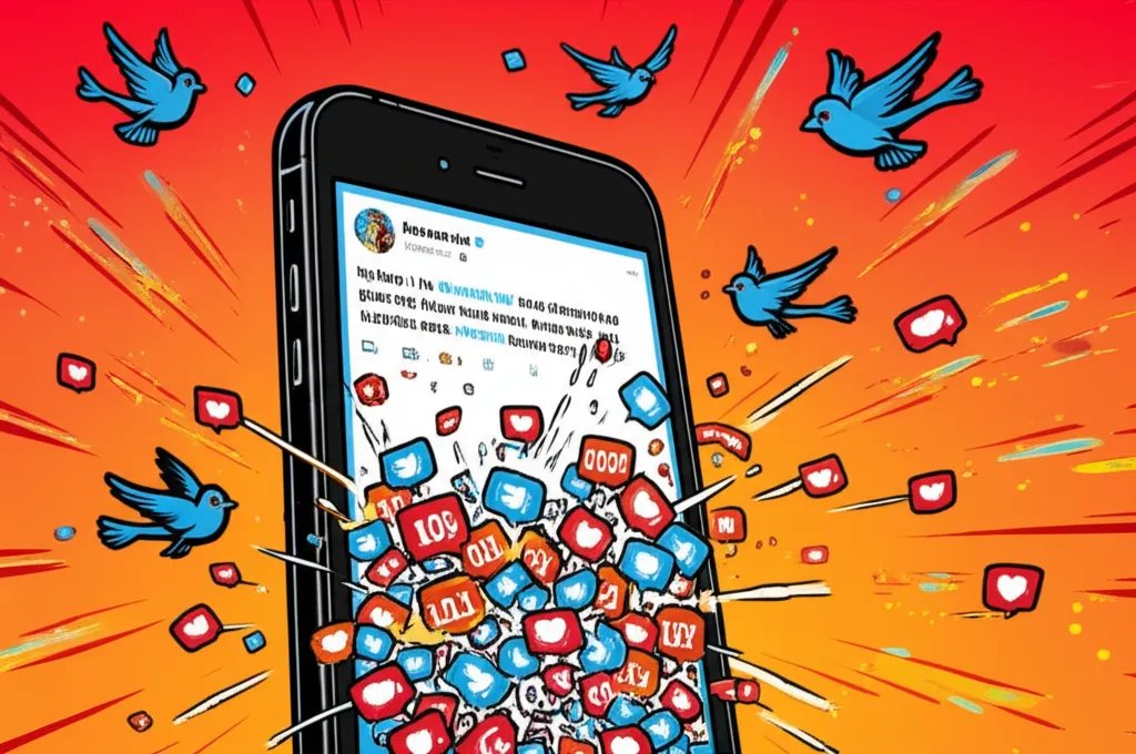 Cartoon illustration of a smartphone showing a viral social media post with hearts and retweet icons exploding outward