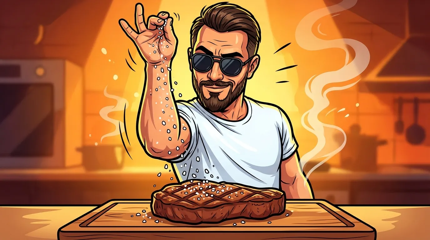 Cartoon illustration of Salt Bae performing his iconic salt-sprinkling gesture over a perfectly carved steak — arm raised high with fingers delicately releasing seasoning
