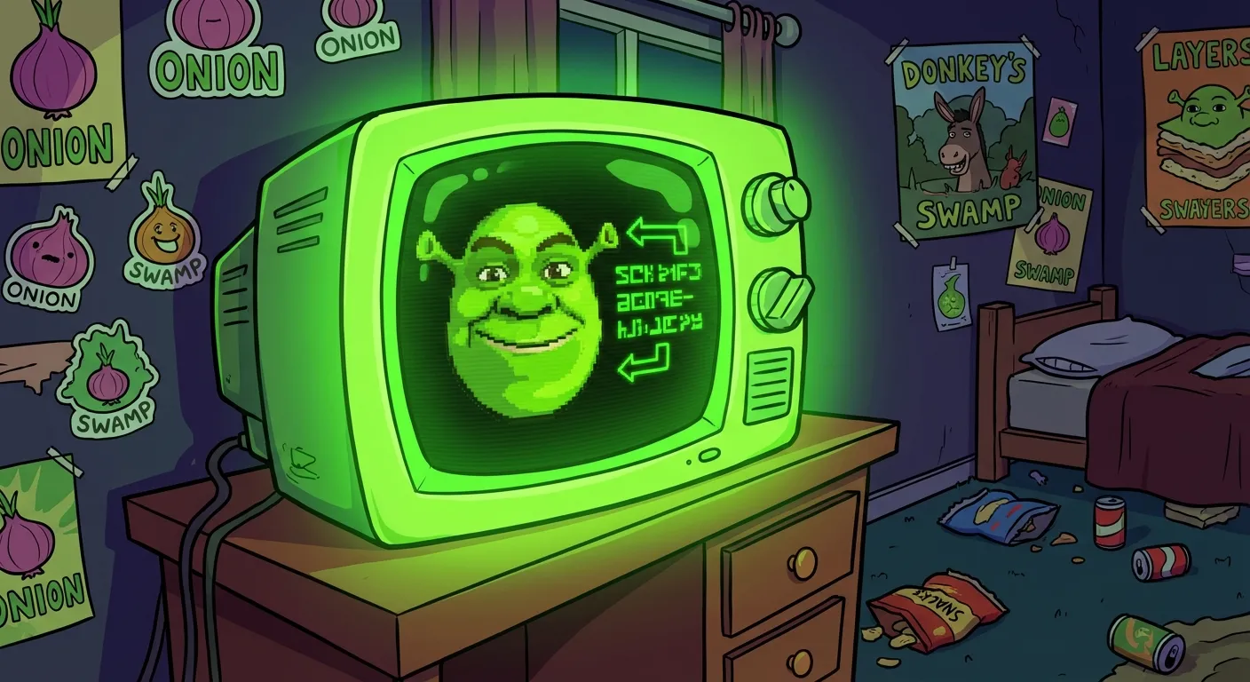 Cartoon illustration of a dark bedroom with a CRT monitor displaying a greentext story, with a green ogre face glowing on screen and onion stickers decorating the room