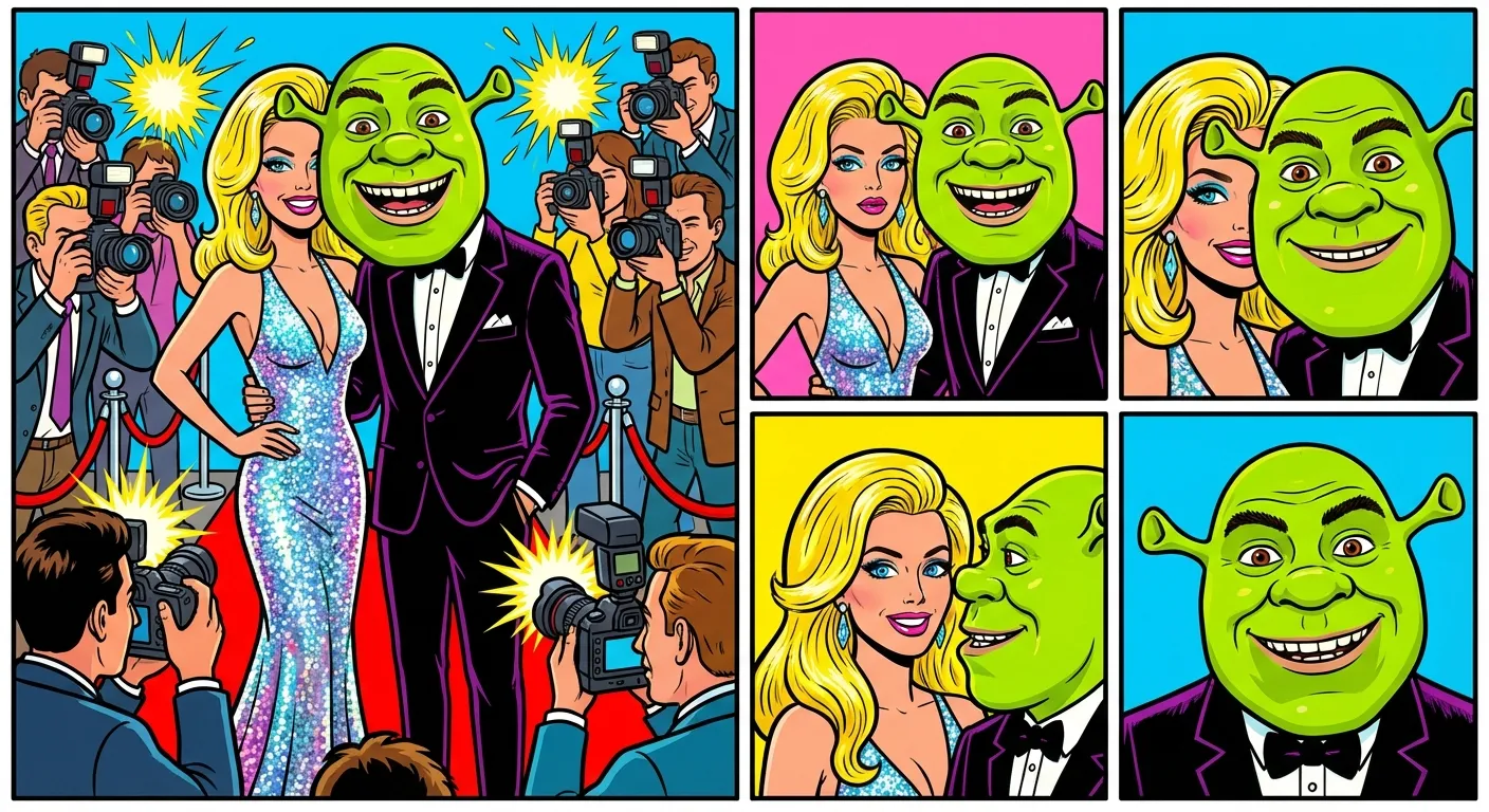 Cartoon illustration of a glamorous couple on a red carpet dressed in green ogre costumes while paparazzi take photos, referencing Heidi Klum's famous 2018 Shrek Halloween costume