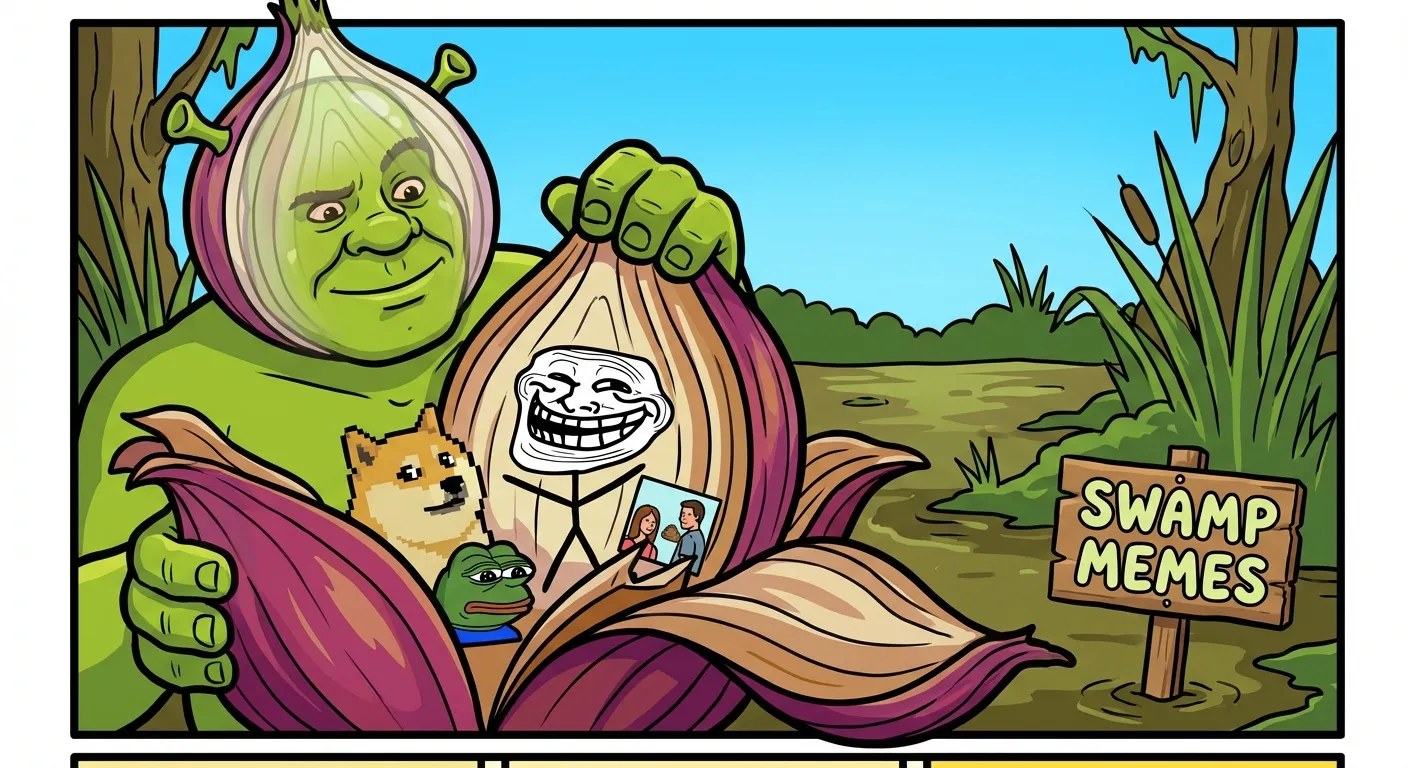 Cartoon illustration of a swamp scene with onion layers being peeled back to reveal internet meme symbols underneath, referencing Shrek's famous ogres have layers quote