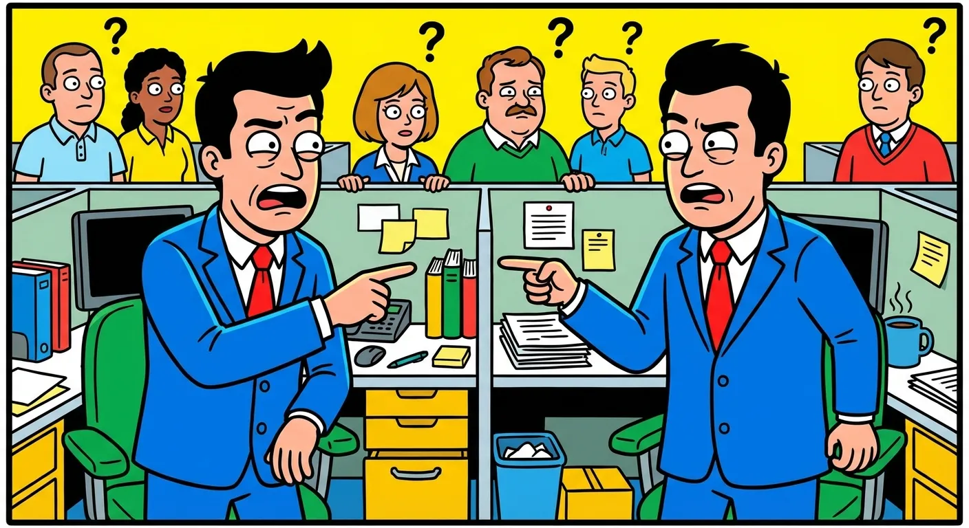 Cartoon illustration of two identical businessmen in suits pointing at each other in an office, with confused coworkers watching