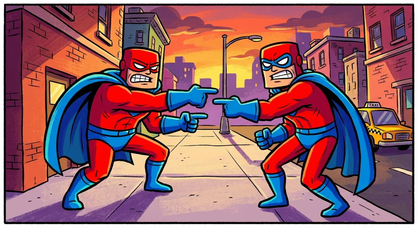 Cartoon illustration of two identical characters in red and blue superhero costumes pointing accusingly at each other on a city street